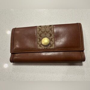 Coach Brown Leather and Signature Canvas Continental Wallet with Gold Accent